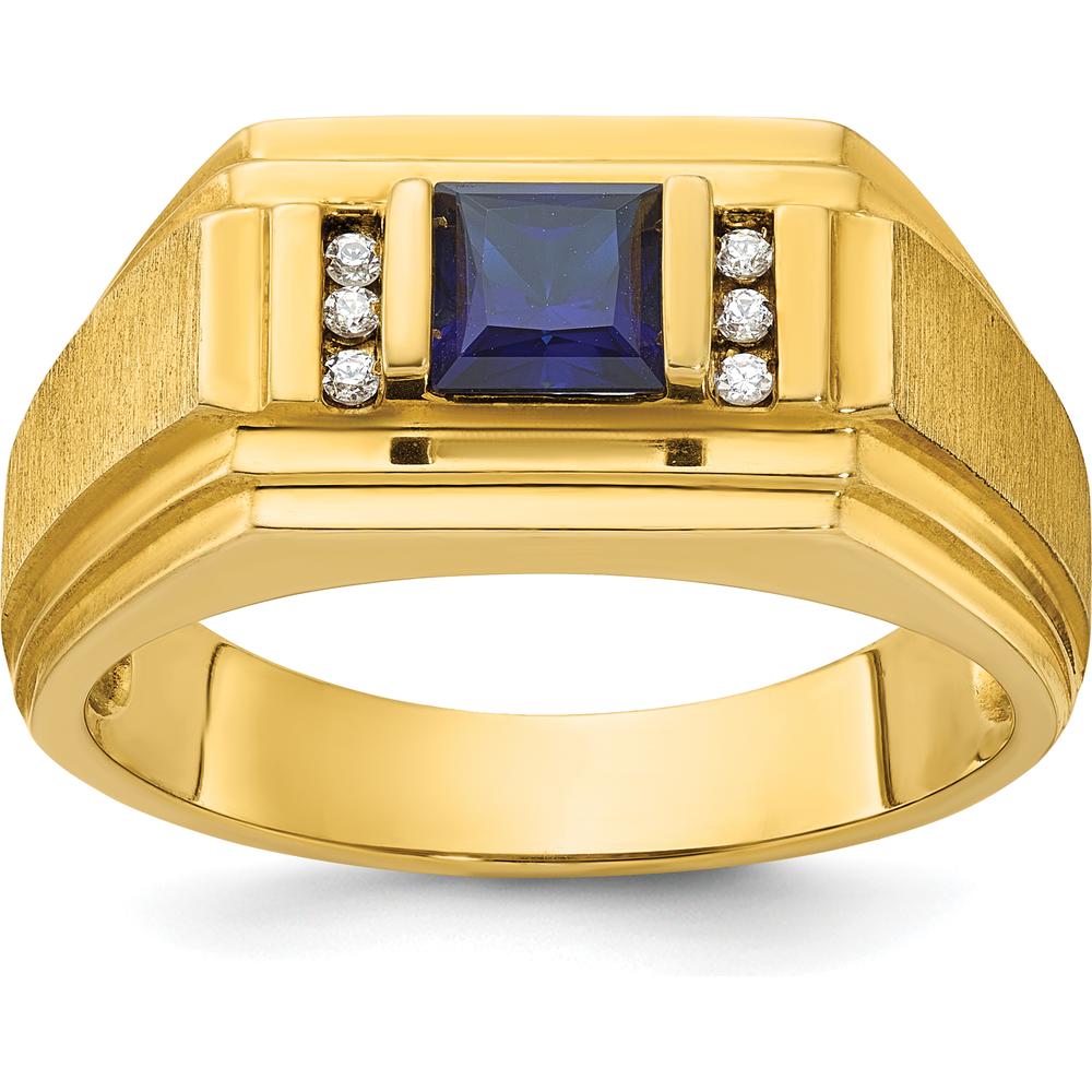 14K Yellow Gold Men's Created Sapphire and Diamond Satin Band Ring - 1/20 Carats Total Diamond Weight by IBGoodman