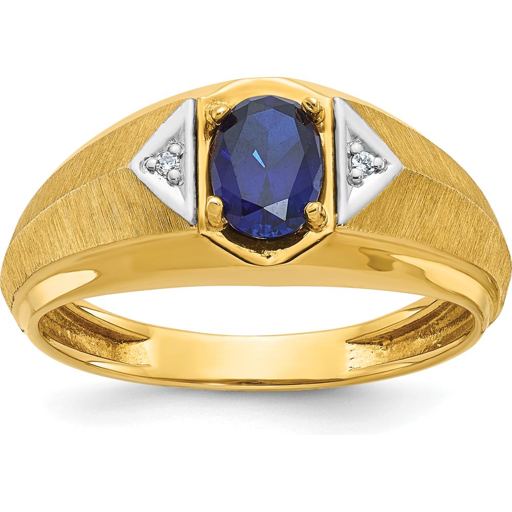 14K Yellow Gold Men's Created Sapphire and Diamond Satin Band Ring - 7x5mm Oval Sapphire, 0.007 Carats Total Diamond Weight by IBGoodman