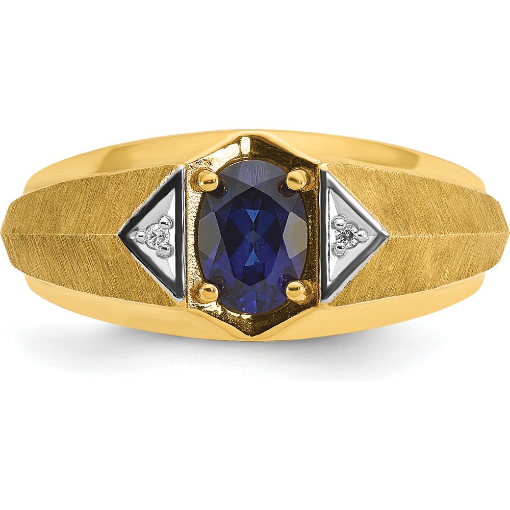 14K Yellow Gold Men's Created Sapphire and Diamond Satin Band Ring - 7x5mm Oval Sapphire, 0.007 Carats Total Diamond Weight by IBGoodman