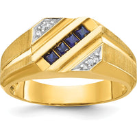 14K Yellow Gold Men's Created Sapphire and Diamond Satin Ring with 4 Princess-Cut Sapphires and 2 Round Diamonds - 0.01 Carats Total Diamond Weight by IBGoodman