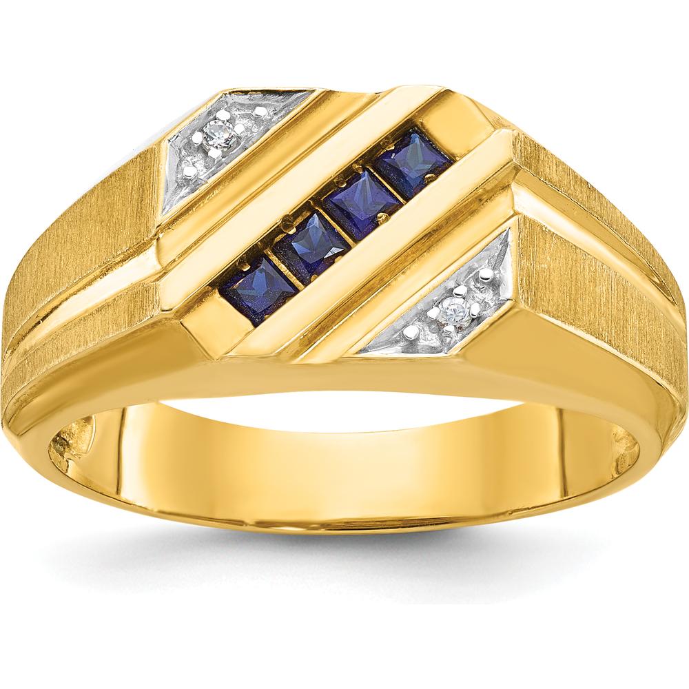 14K Yellow Gold Men's Created Sapphire and Diamond Satin Ring with 4 Princess-Cut Sapphires and 2 Round Diamonds - 0.01 Carats Total Diamond Weight by IBGoodman