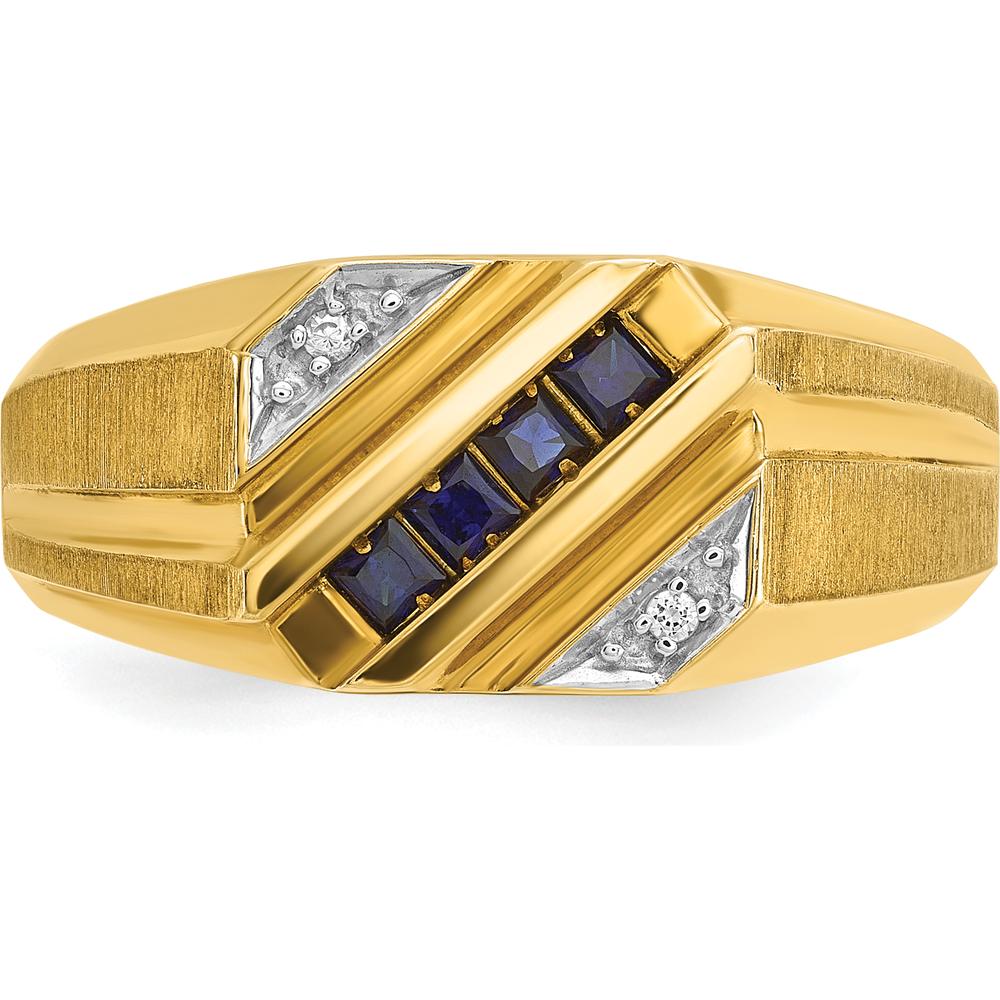 14K Yellow Gold Men's Created Sapphire and Diamond Satin Ring with 4 Princess-Cut Sapphires and 2 Round Diamonds - 0.01 Carats Total Diamond Weight by IBGoodman