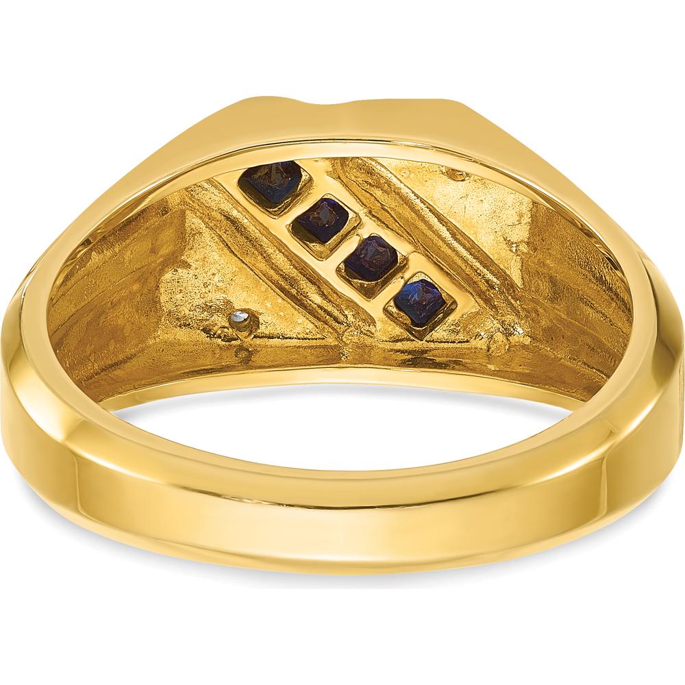 14K Yellow Gold Men's Created Sapphire and Diamond Satin Ring with 4 Princess-Cut Sapphires and 2 Round Diamonds - 0.01 Carats Total Diamond Weight by IBGoodman