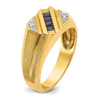 14K Yellow Gold Men's Created Sapphire and Diamond Satin Ring with 4 Princess-Cut Sapphires and 2 Round Diamonds - 0.01 Carats Total Diamond Weight by IBGoodman