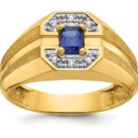 14K Yellow Gold Men's Created Sapphire and Round Diamond Satin Band Ring - 1/20 Carats Total Diamond Weight by IBGoodman