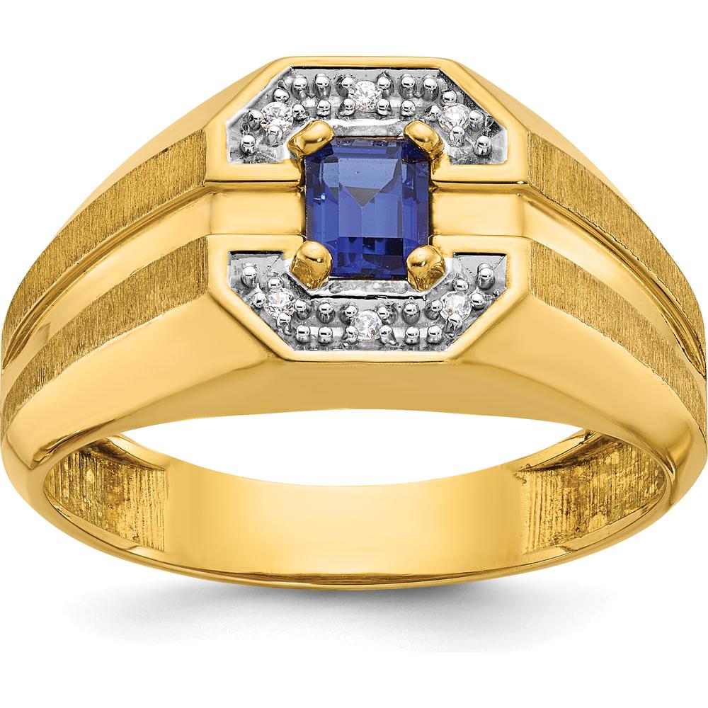 14K Yellow Gold Men's Created Sapphire and Round Diamond Satin Band Ring - 1/20 Carats Total Diamond Weight by IBGoodman