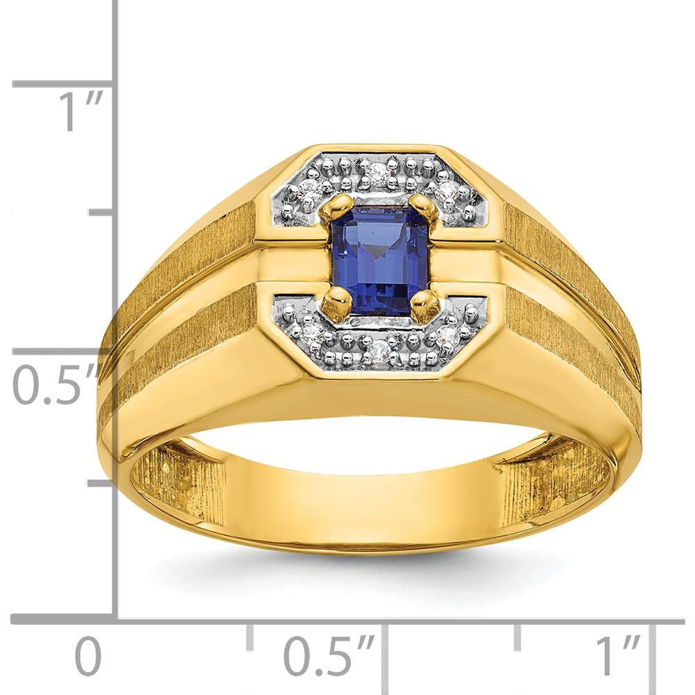 14K Yellow Gold Men's Created Sapphire and Round Diamond Satin Band Ring - 1/20 Carats Total Diamond Weight by IBGoodman