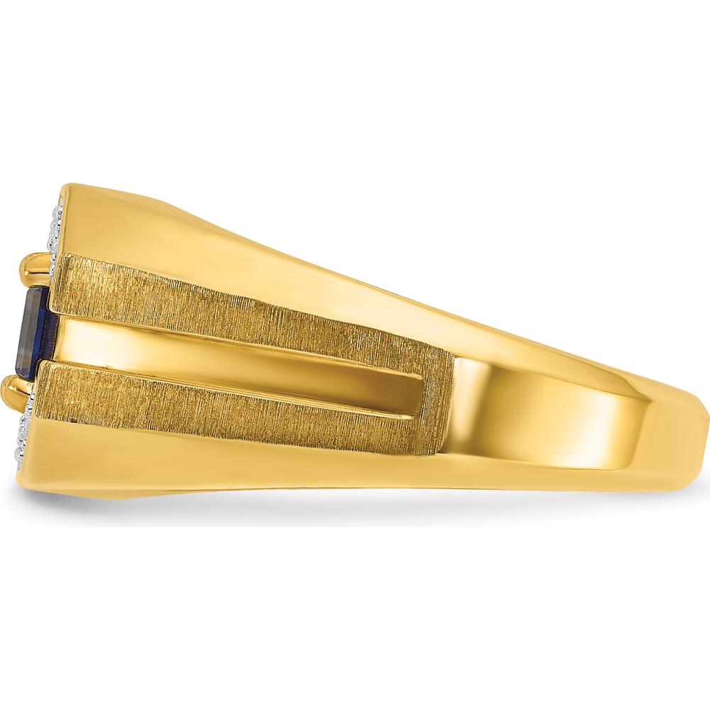 14K Yellow Gold Men's Created Sapphire and Round Diamond Satin Band Ring - 1/20 Carats Total Diamond Weight by IBGoodman