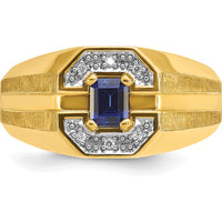 14K Yellow Gold Men's Created Sapphire and Round Diamond Satin Band Ring - 1/20 Carats Total Diamond Weight by IBGoodman