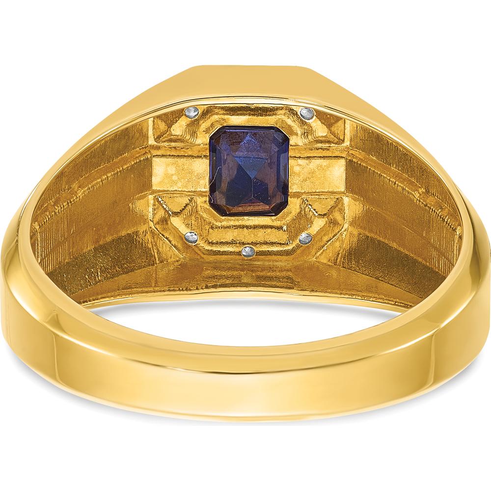 14K Yellow Gold Men's Created Sapphire and Round Diamond Satin Band Ring - 1/20 Carats Total Diamond Weight by IBGoodman