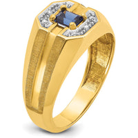 14K Yellow Gold Men's Created Sapphire and Round Diamond Satin Band Ring - 1/20 Carats Total Diamond Weight by IBGoodman