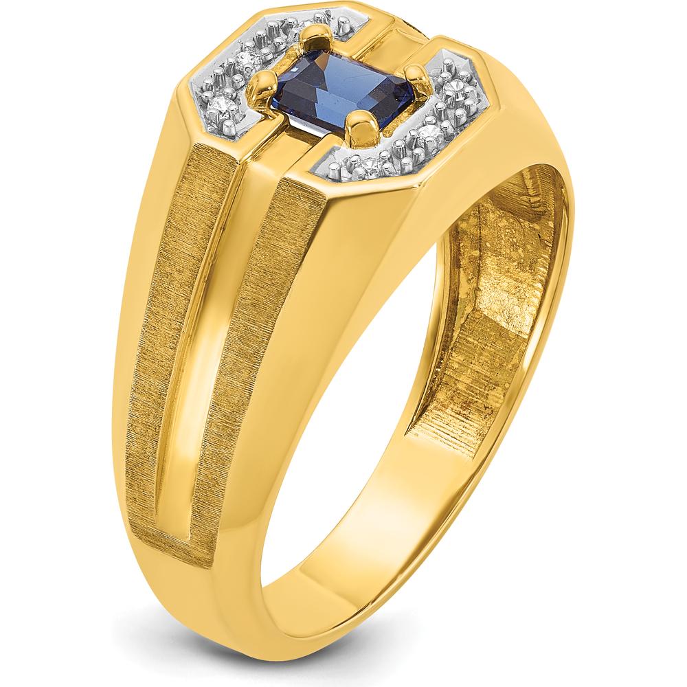 14K Yellow Gold Men's Created Sapphire and Round Diamond Satin Band Ring - 1/20 Carats Total Diamond Weight by IBGoodman