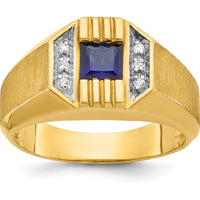 14K Yellow Gold Men's Created Sapphire and Round Diamond Satin Band Ring - 1/20 Carats Total Diamond Weight by IBGoodman