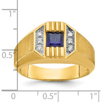 14K Yellow Gold Men's Created Sapphire and Round Diamond Satin Band Ring - 1/20 Carats Total Diamond Weight by IBGoodman