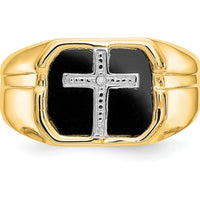 14K Yellow Gold Men's Cross Ring with Round Diamond and Onyx Accent - 0.004 Carat Diamond by Monteluci Fine Jewelry