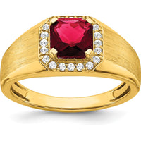 14K Yellow Gold Men's Cushion Created Ruby and Diamond Ring - 2.235 Carat Ruby, 0.20 Carat Total Diamond Weight by 0