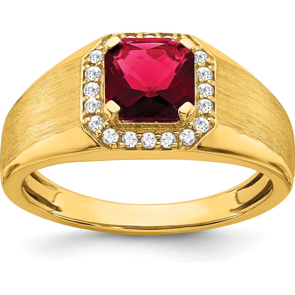 14K Yellow Gold Men's Cushion Created Ruby and Diamond Ring - 2.235 Carat Ruby, 0.20 Carat Total Diamond Weight by 0