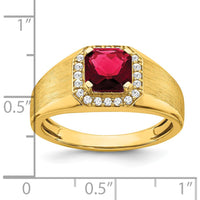14K Yellow Gold Men's Cushion Created Ruby and Diamond Ring - 2.235 Carat Ruby, 0.20 Carat Total Diamond Weight by 0