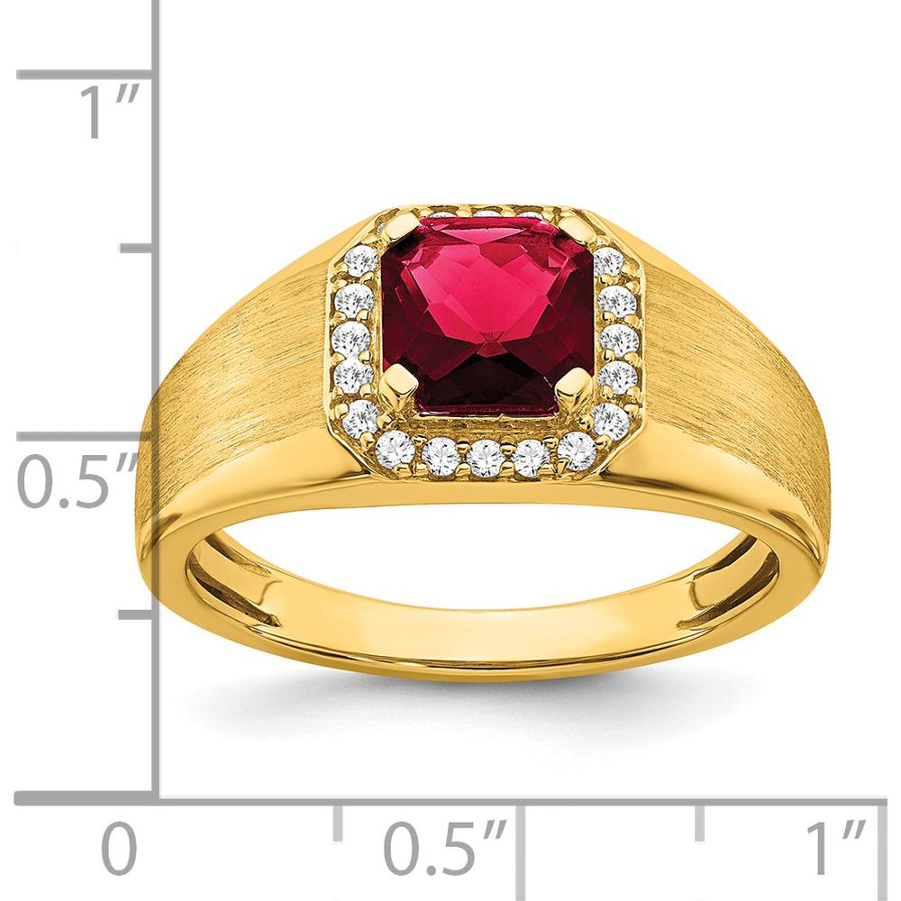 14K Yellow Gold Men's Cushion Created Ruby and Diamond Ring - 2.235 Carat Ruby, 0.20 Carat Total Diamond Weight by 0