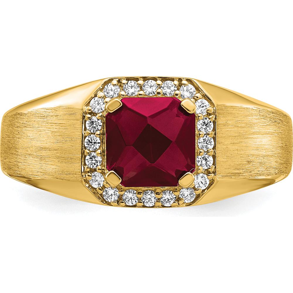 14K Yellow Gold Men's Cushion Created Ruby and Diamond Ring - 2.235 Carat Ruby, 0.20 Carat Total Diamond Weight by 0