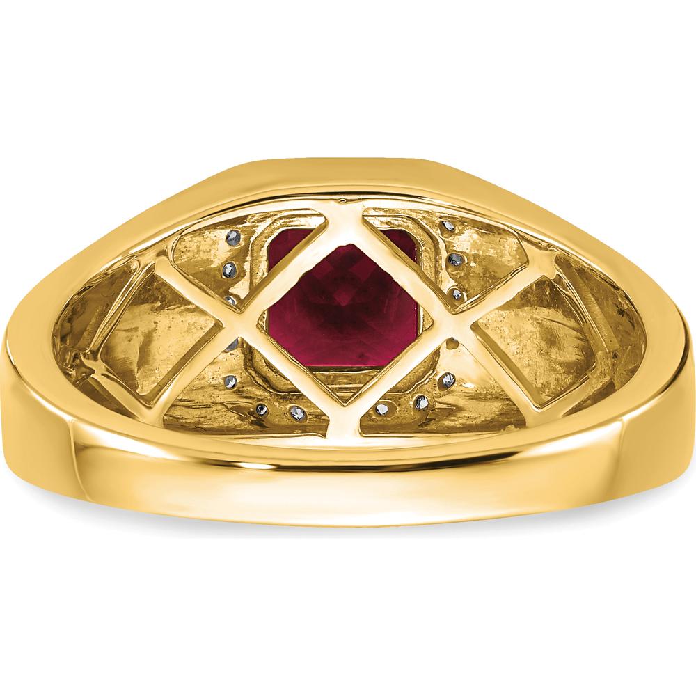 14K Yellow Gold Men's Cushion Created Ruby and Diamond Ring - 2.235 Carat Ruby, 0.20 Carat Total Diamond Weight by 0