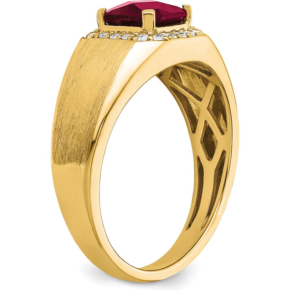 14K Yellow Gold Men's Cushion Created Ruby and Diamond Ring - 2.235 Carat Ruby, 0.20 Carat Total Diamond Weight by 0
