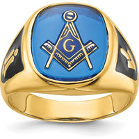 14K Yellow Gold Men's Cushion-Cut Blue Spinel Masonic Ring with Black Enamel Detailing by Monteluci Fine Jewelry
