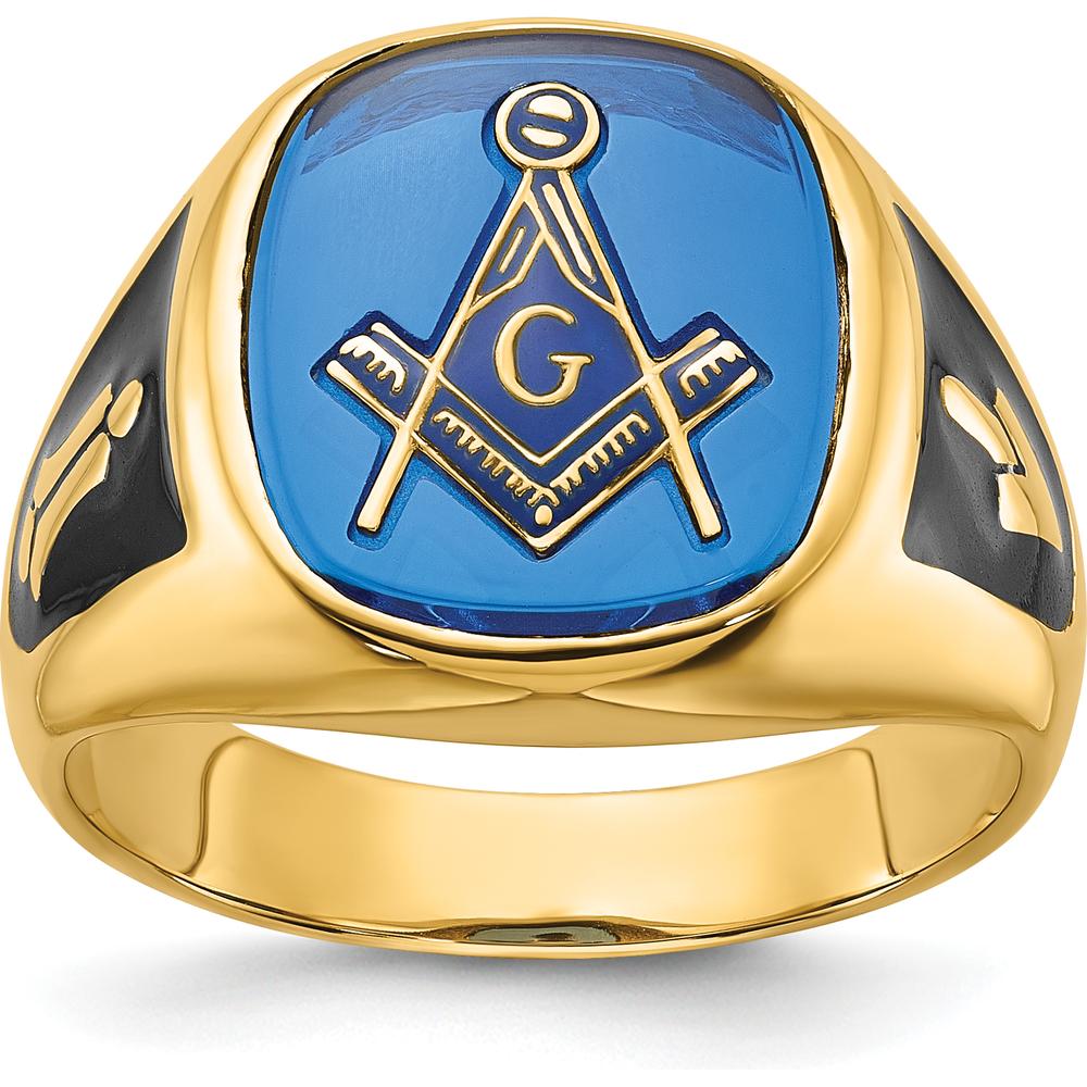 14K Yellow Gold Men's Cushion-Cut Blue Spinel Masonic Ring with Black Enamel Detailing by Monteluci Fine Jewelry