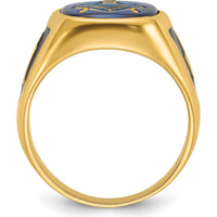 14K Yellow Gold Men's Cushion-Cut Blue Spinel Masonic Ring with Black Enamel Detailing by Monteluci Fine Jewelry