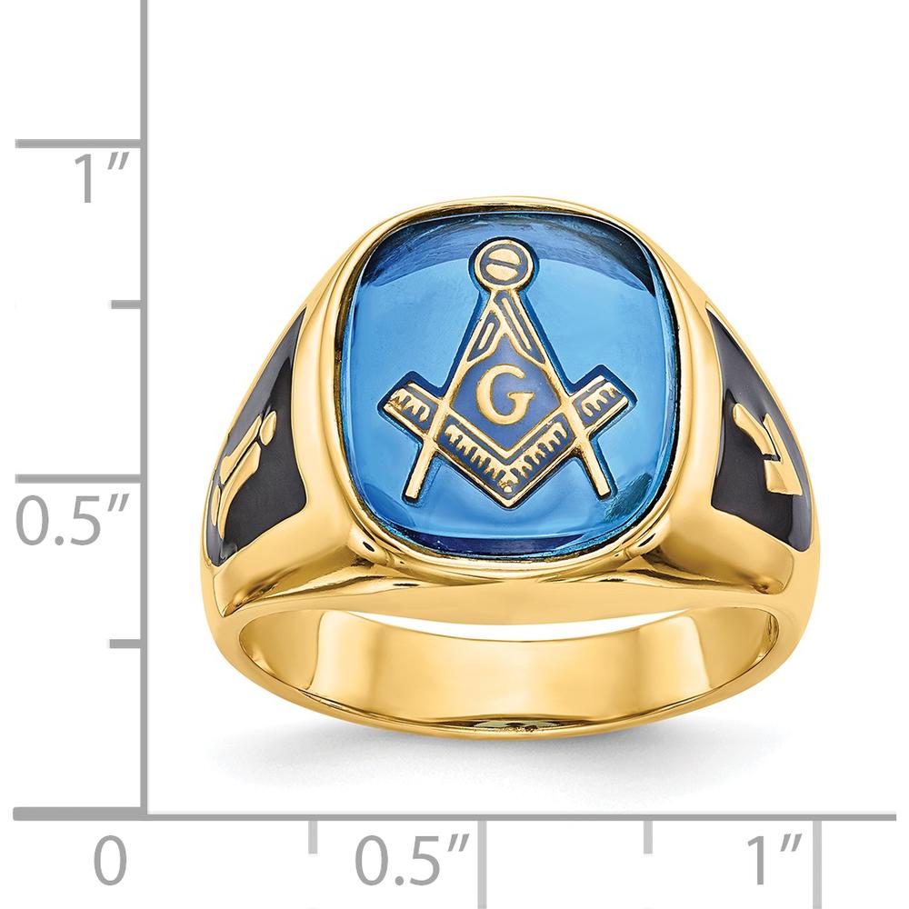 14K Yellow Gold Men's Cushion-Cut Blue Spinel Masonic Ring with Black Enamel Detailing by Monteluci Fine Jewelry