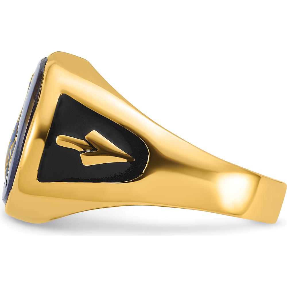 14K Yellow Gold Men's Cushion-Cut Blue Spinel Masonic Ring with Black Enamel Detailing by Monteluci Fine Jewelry