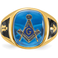 14K Yellow Gold Men's Cushion-Cut Blue Spinel Masonic Ring with Black Enamel Detailing by Monteluci Fine Jewelry