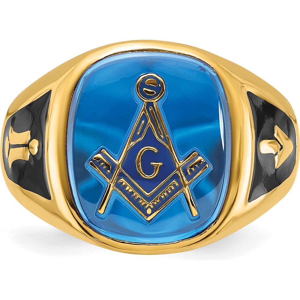 14K Yellow Gold Men's Cushion-Cut Blue Spinel Masonic Ring with Black Enamel Detailing by Monteluci Fine Jewelry