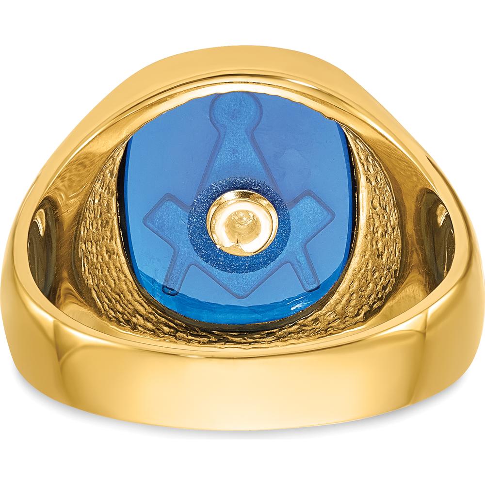 14K Yellow Gold Men's Cushion-Cut Blue Spinel Masonic Ring with Black Enamel Detailing by Monteluci Fine Jewelry