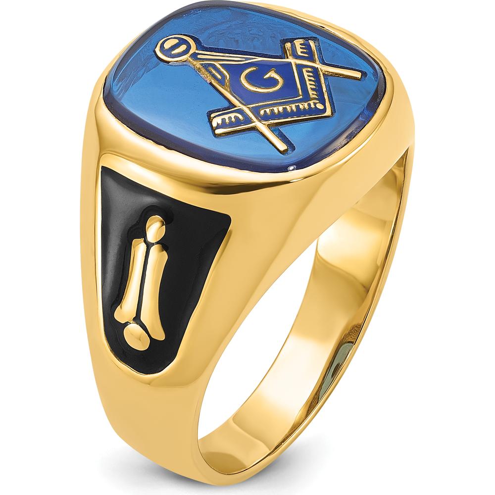 14K Yellow Gold Men's Cushion-Cut Blue Spinel Masonic Ring with Black Enamel Detailing by Monteluci Fine Jewelry