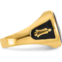 14K Yellow Gold Men's Cushion-Cut Blue Spinel Masonic Ring with Black Enamel Detailing by Monteluci Fine Jewelry