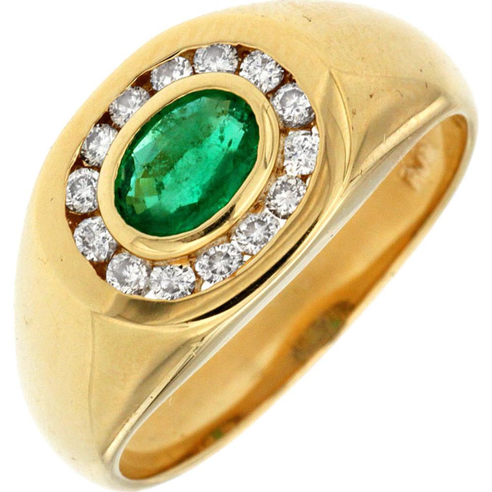 14K Yellow Gold Men's Diamond and Oval Emerald Ring - 0.85 Carats Emerald, 0.30 Carats Diamond Total Weight