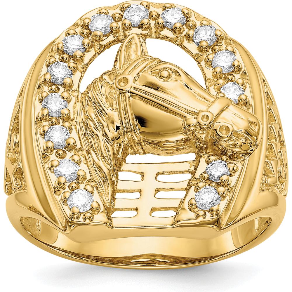 14K Yellow Gold Men's Diamond Horseshoe Ring with Horse Head and 14 Round Diamonds - 0.035 Carat Total Diamond Weight by 0