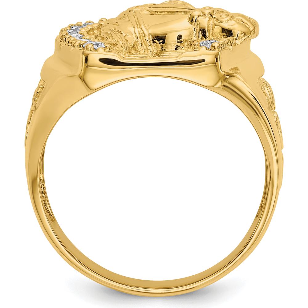 14K Yellow Gold Men's Diamond Horseshoe Ring with Horse Head and 14 Round Diamonds - 0.035 Carat Total Diamond Weight by 0