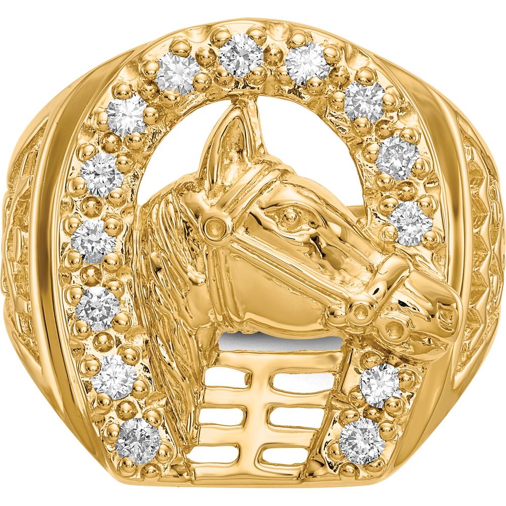 14K Yellow Gold Men's Diamond Horseshoe Ring with Horse Head and 14 Round Diamonds - 0.035 Carat Total Diamond Weight by 0
