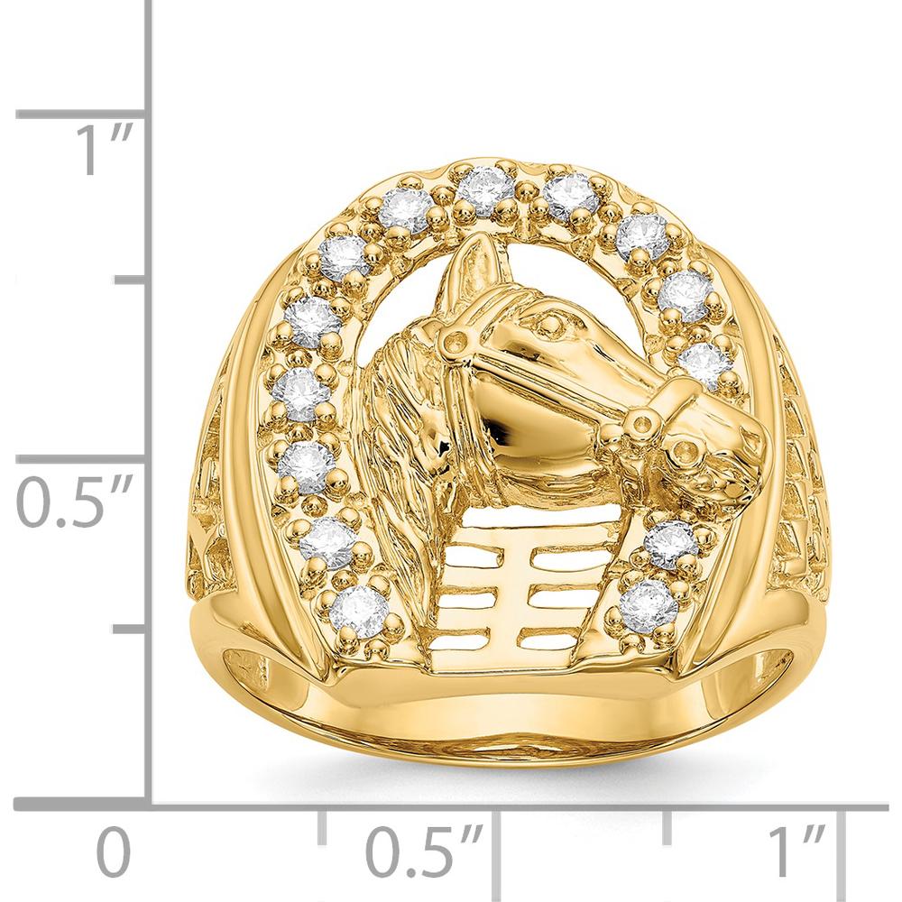 14K Yellow Gold Men's Diamond Horseshoe Ring with Horse Head and 14 Round Diamonds - 0.035 Carat Total Diamond Weight by 0