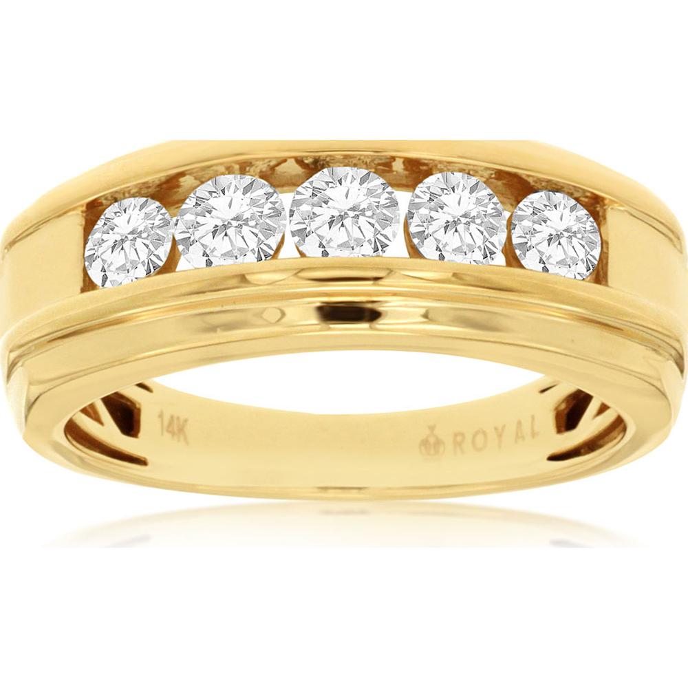 14K Yellow Gold Men's Diamond Ring with 5 Round Diamonds - 1.00 Carats Total Diamond Weight