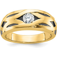 14K Yellow Gold Men's Diamond Ring with Grooved Satin Finish and Black Rhodium Accents - 0.3 Carats Round Diamond by IBGoodman