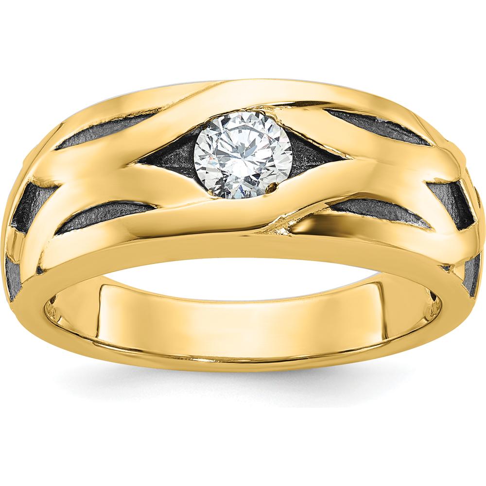 14K Yellow Gold Men's Diamond Ring with Grooved Satin Finish and Black Rhodium Accents - 0.3 Carats Round Diamond by IBGoodman