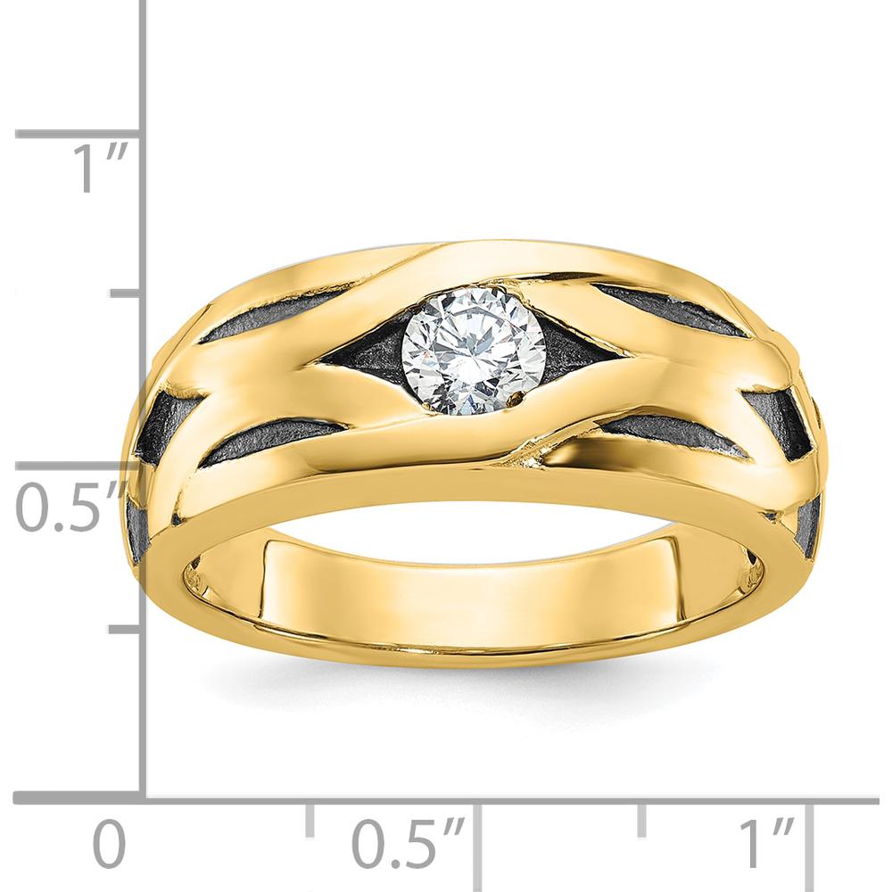 14K Yellow Gold Men's Diamond Ring with Grooved Satin Finish and Black Rhodium Accents - 0.3 Carats Round Diamond by IBGoodman