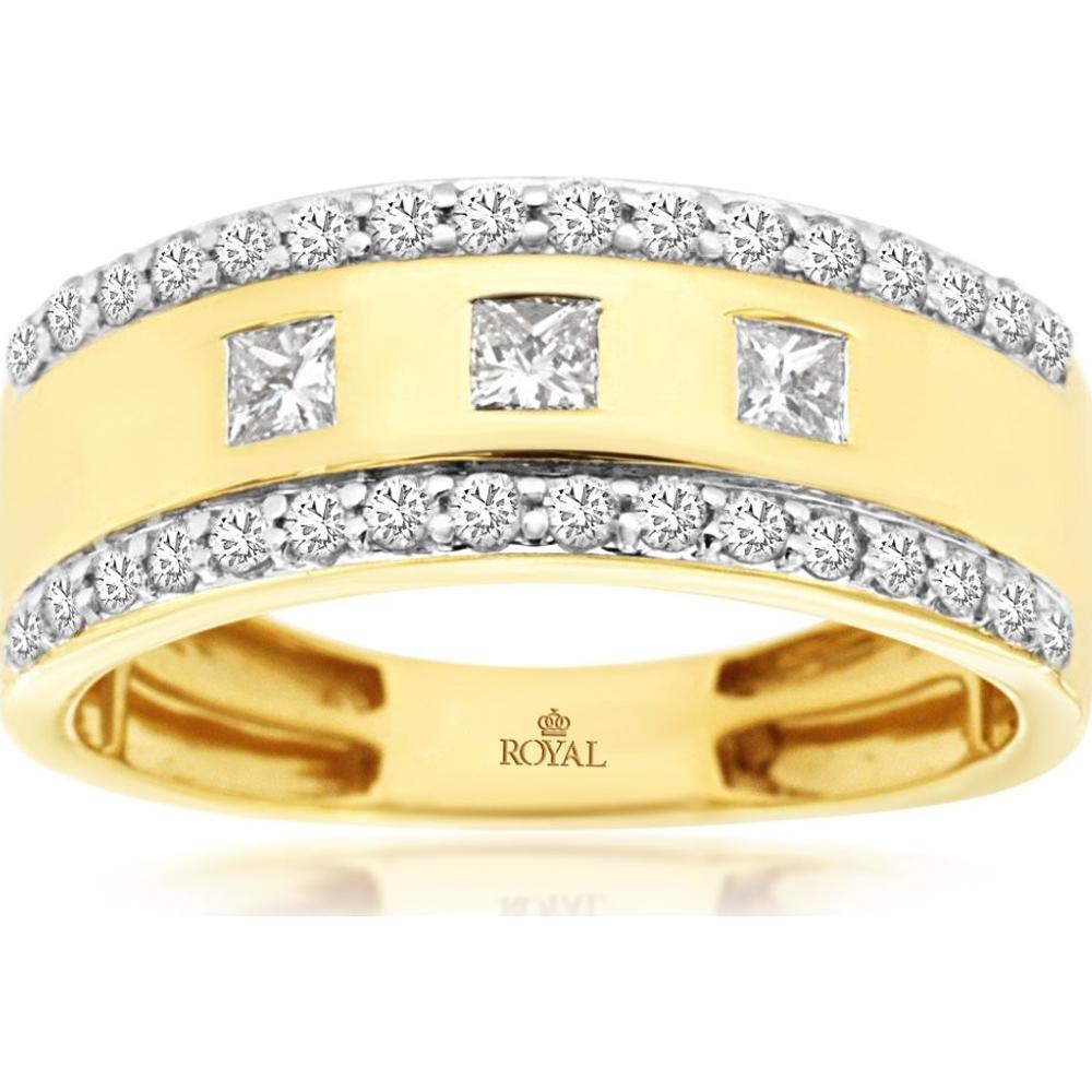 14K Yellow Gold Men's Diamond Ring with Princess Cut and Round Diamonds - 0.91 Carats Total Diamond Weight