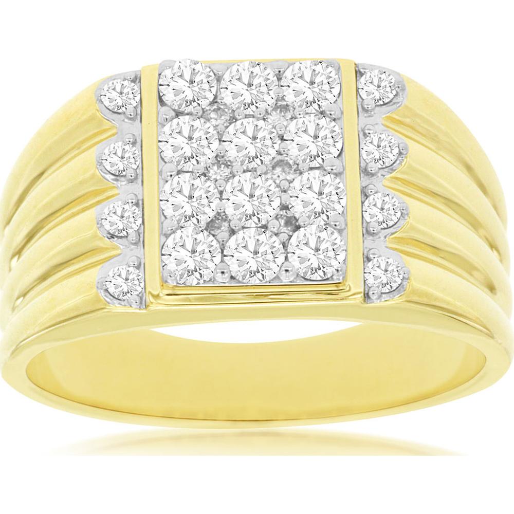 14K Yellow Gold Men's Diamond Ring with Round Diamond Cluster and Two-Tone Accents - 1.00 Total Carat Weight - Royal Jewelry