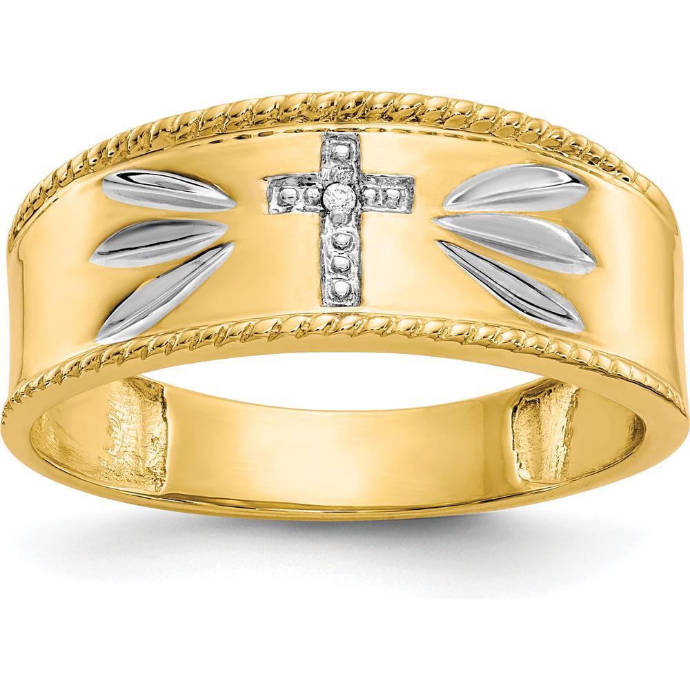 14K Yellow Gold Men's Diamond Trio Cross Wedding Band with Rhodium Accents - 0.01 Carat Total Diamond Weight by IBGoodman
