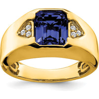 14K Yellow Gold Men's Emerald-Cut Created Sapphire and Round Diamond Accent Ring - 3.76 Carat Sapphire, 0.09 Carat Diamonds by 0