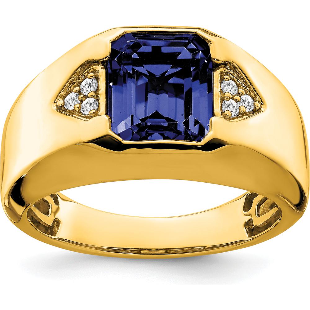 14K Yellow Gold Men's Emerald-Cut Created Sapphire and Round Diamond Accent Ring - 3.76 Carat Sapphire, 0.09 Carat Diamonds by 0